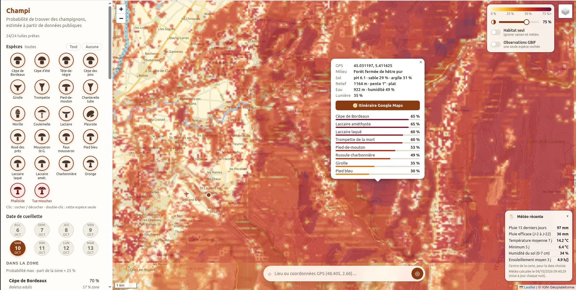 La carte Champi dans le Vercors : zones colorées du jaune au rouge selon l'indice de pousse, panneau des 22 espèces, choix du jour et fiche détaillée d'un point en hêtraie avec un indice de 65 pour le cèpe de Bordeaux.